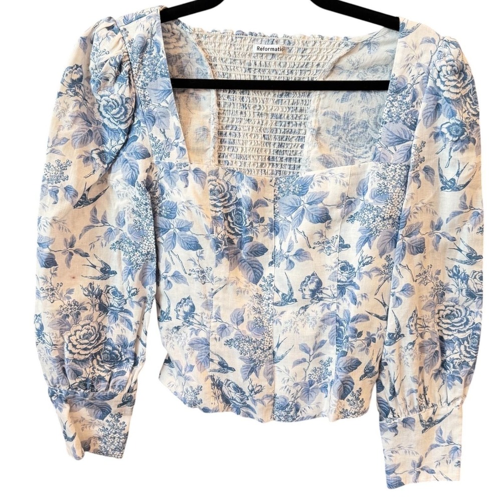 Reformation Top Womens Blue White Toile Linen Puff Sleeve Cottagecore 4